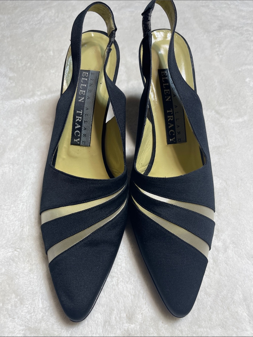 Ellen Tracy Black Fabric Slingback Heels with Sheer Cream Stripes Size 9.5